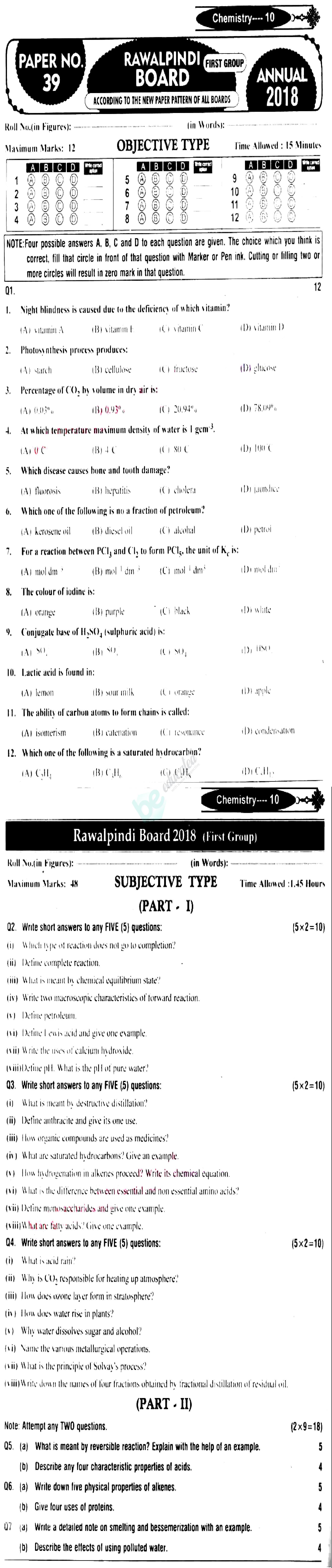 Chemistry 10th English Medium Past Paper Group 1 BISE Rawalpindi 2018