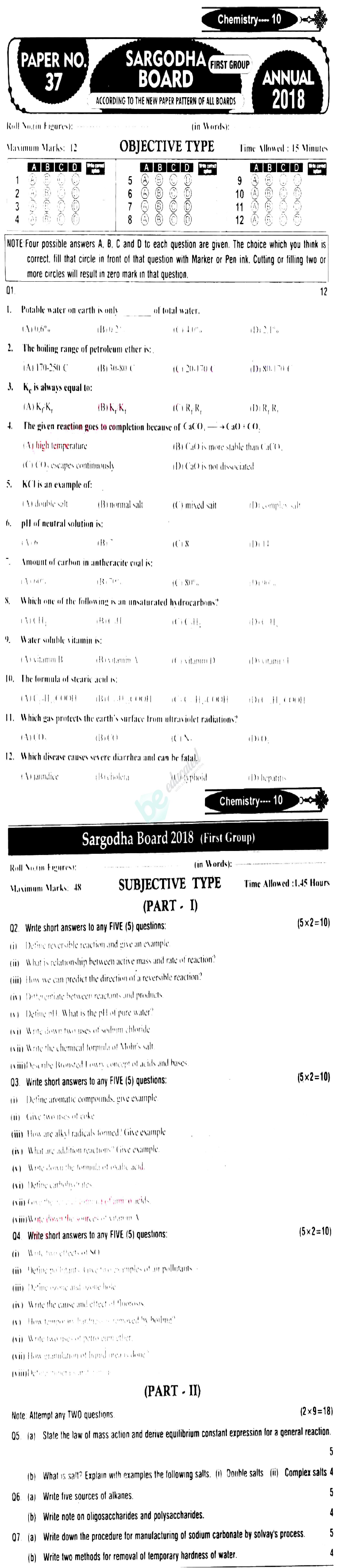 Chemistry 10th English Medium Past Paper Group 1 BISE Sargodha 2018