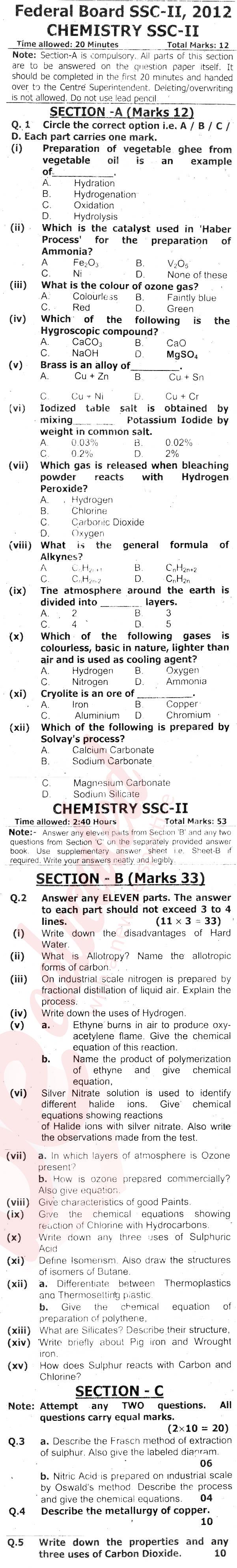 Chemistry 10th English Medium Past Paper Group 1 Federal BISE  2012