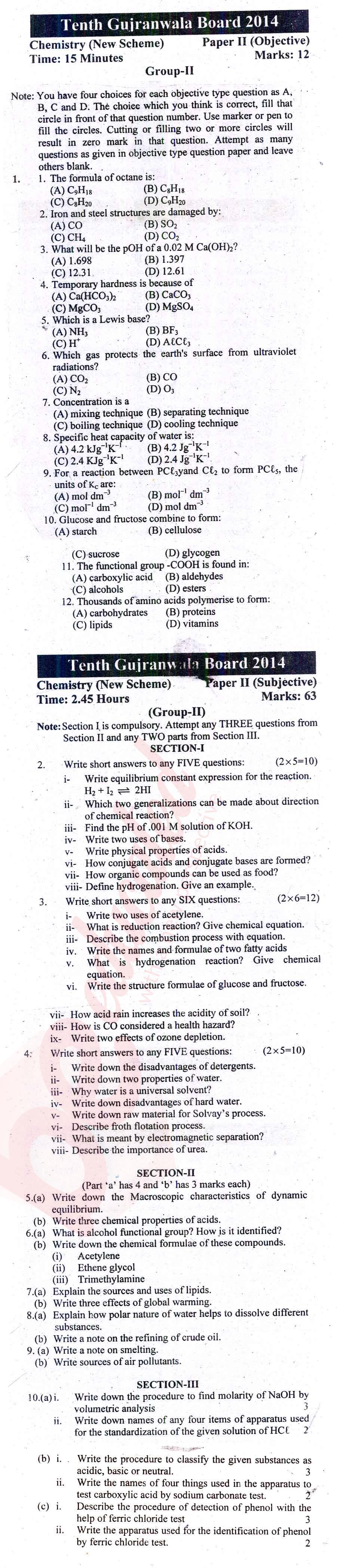 Chemistry 10th English Medium Past Paper Group 2 BISE Gujranwala 2014
