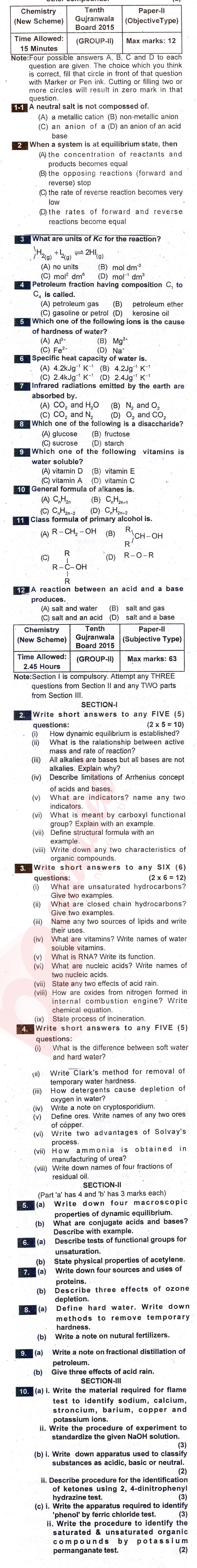 Chemistry 10th English Medium Past Paper Group 2 BISE Gujranwala 2015