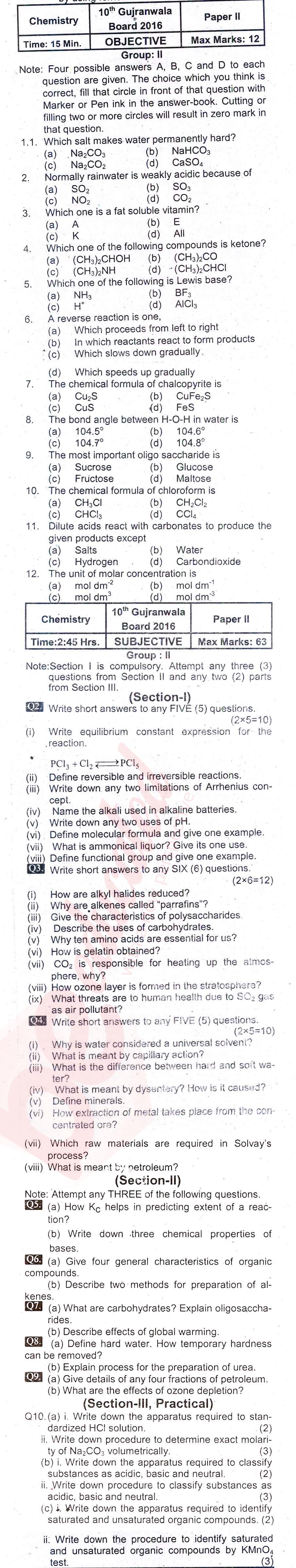 Chemistry 10th English Medium Past Paper Group 2 BISE Gujranwala 2016