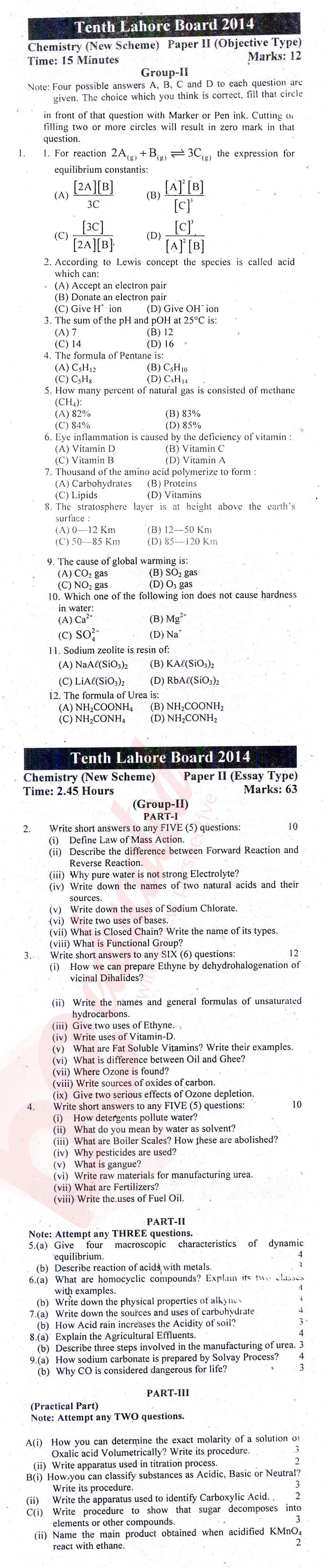 Chemistry 10th English Medium Past Paper Group 2 BISE Lahore 2014