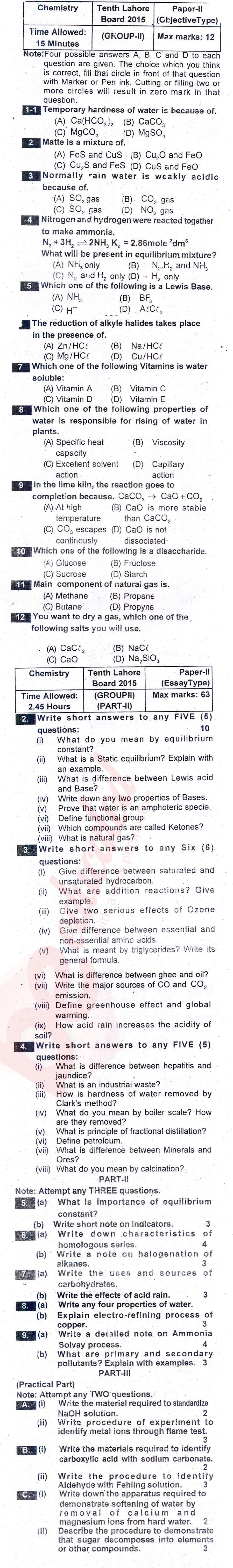 Chemistry 10th English Medium Past Paper Group 2 BISE Lahore 2015