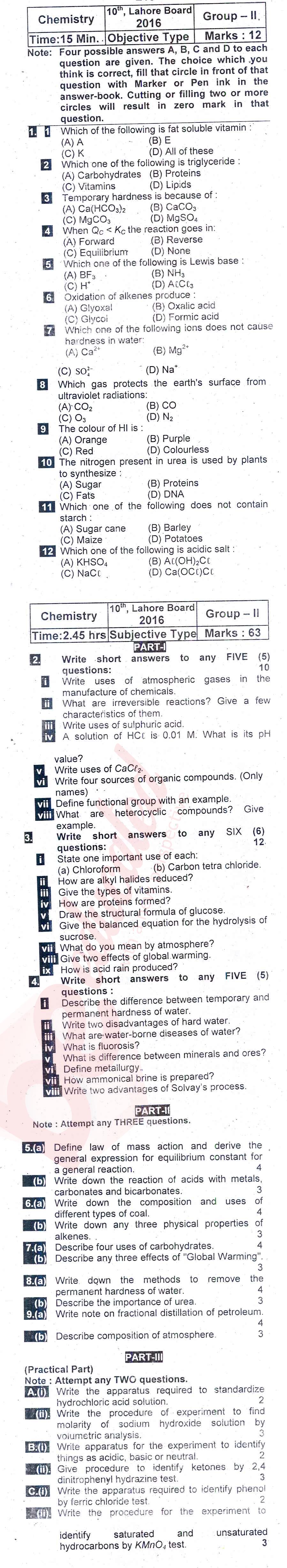 Chemistry 10th English Medium Past Paper Group 2 BISE Lahore 2016