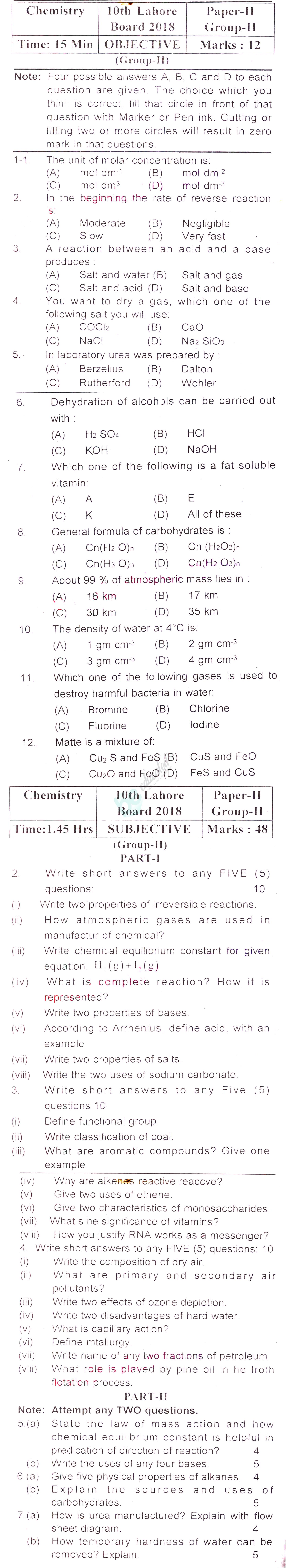 Chemistry 10th English Medium Past Paper Group 2 BISE Lahore 2018