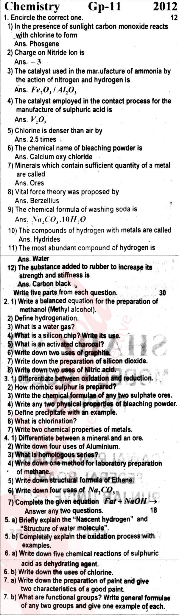 Chemistry 10th English Medium Past Paper Group 2 BISE Rawalpindi 2012