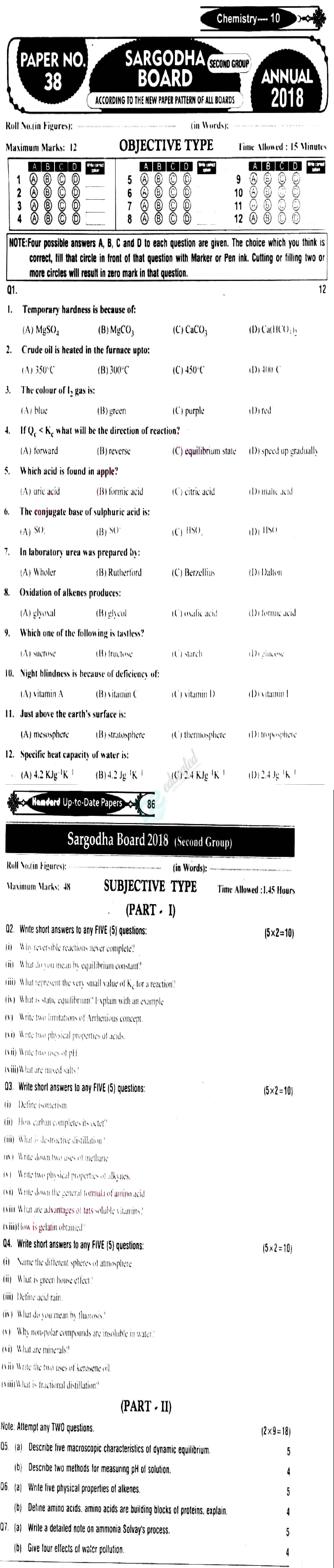 Chemistry 10th English Medium Past Paper Group 2 BISE Sargodha 2018