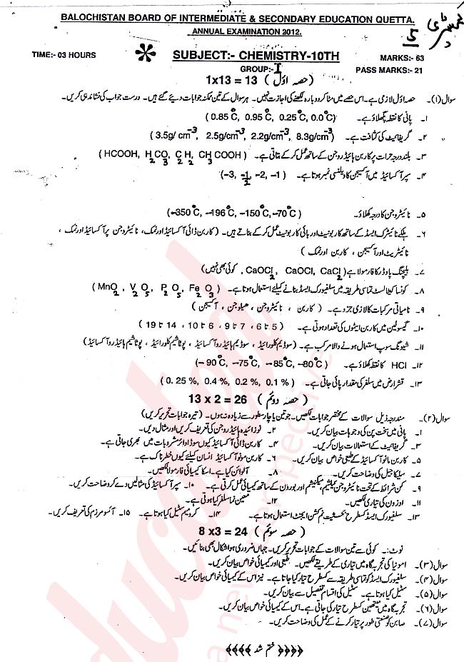 Chemistry 10th Urdu Medium Past Paper Group 1 BISE Quetta 2012