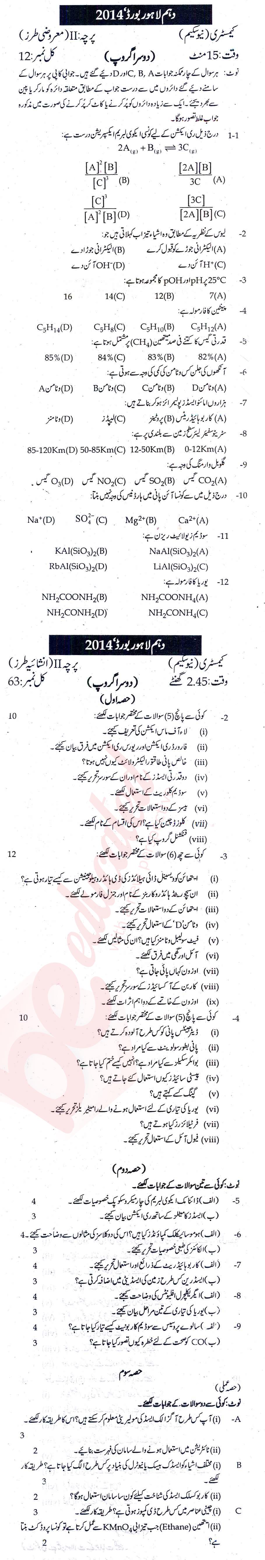 Chemistry 10th Urdu Medium Past Paper Group 2 BISE Lahore 2014