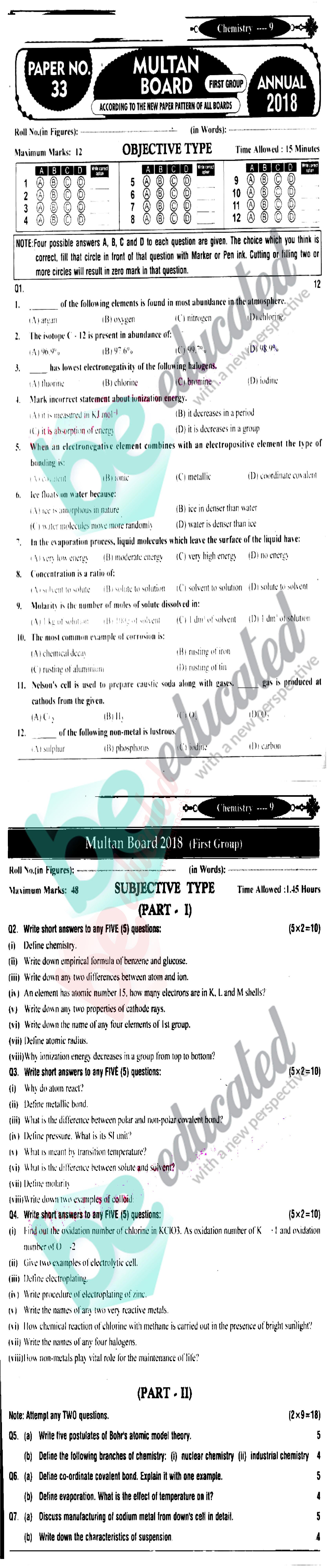 Chemistry 9th Class English Medium Past Paper Group 1 BISE Multan 2018