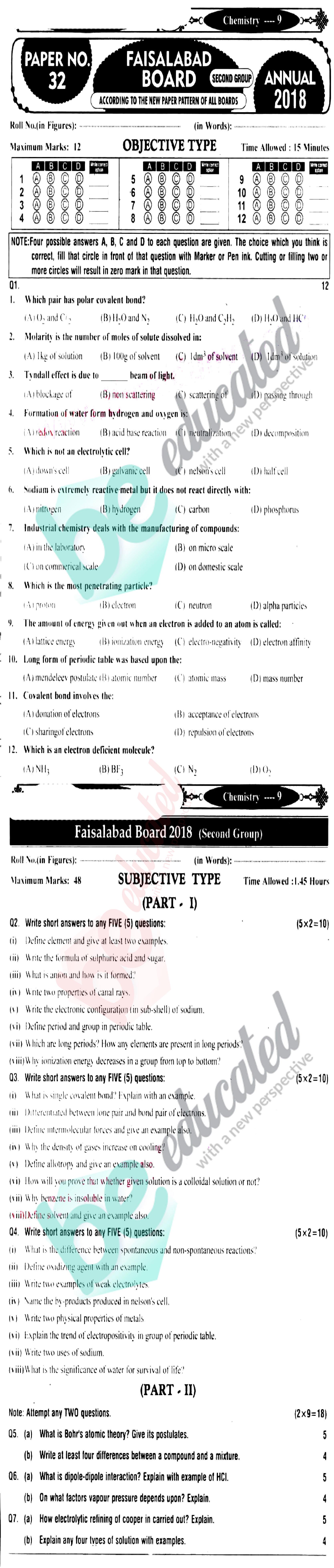 Chemistry 9th class English medium Past Paper Group 2 BISE Faisalabad 2018