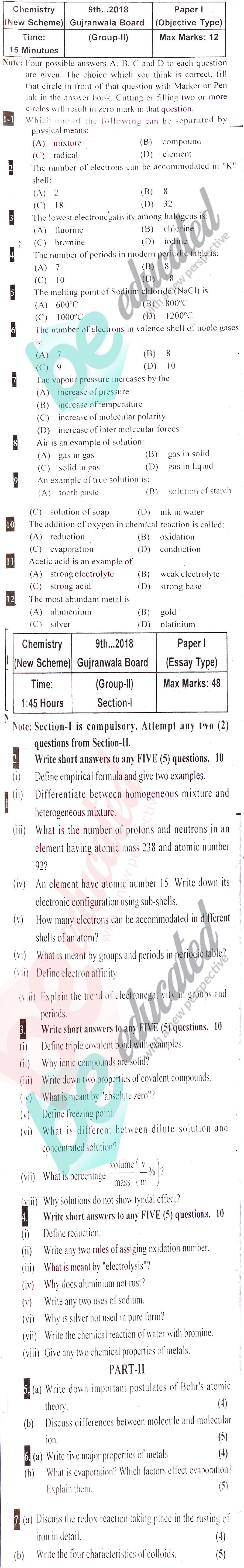 Chemistry 9th Class English Medium Past Paper Group 2 BISE Gujranwala 2018