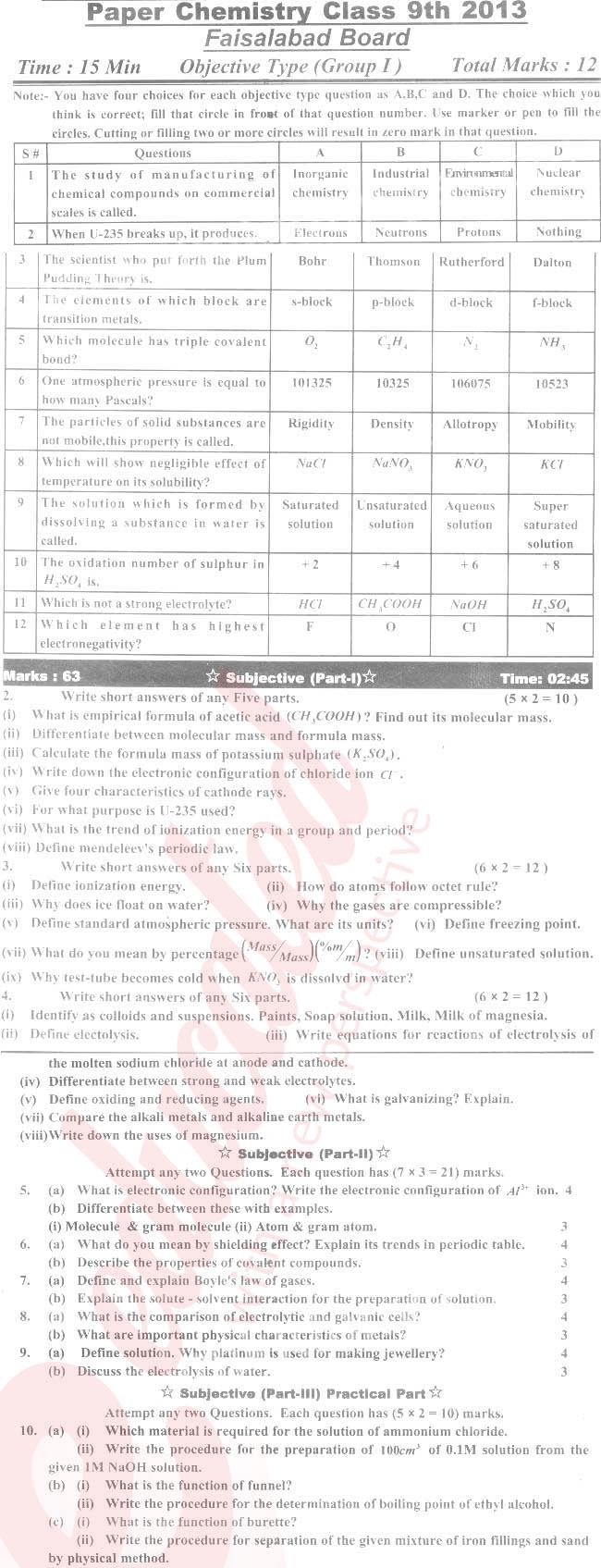 Chemistry 9th class Past Paper Group 1 BISE Faisalabad 2013