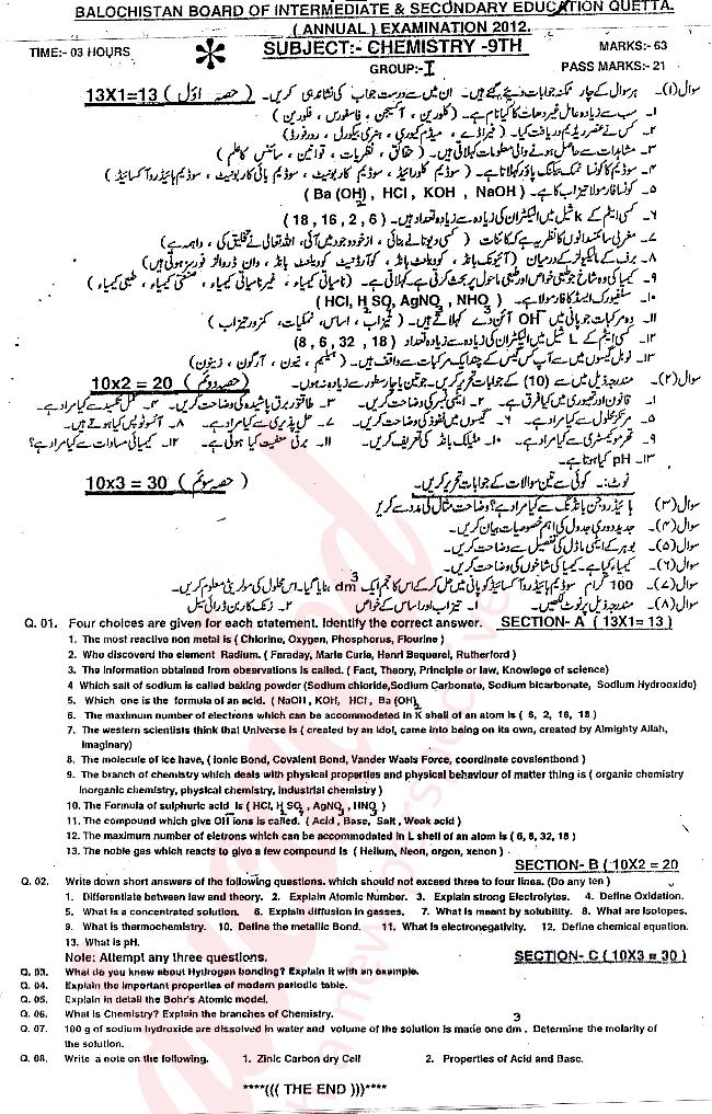 Chemistry 9th class Past Paper Group 1 BISE Quetta 2012