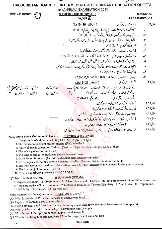 Chemistry 9th class Past Paper Group 1 BISE Quetta 2013