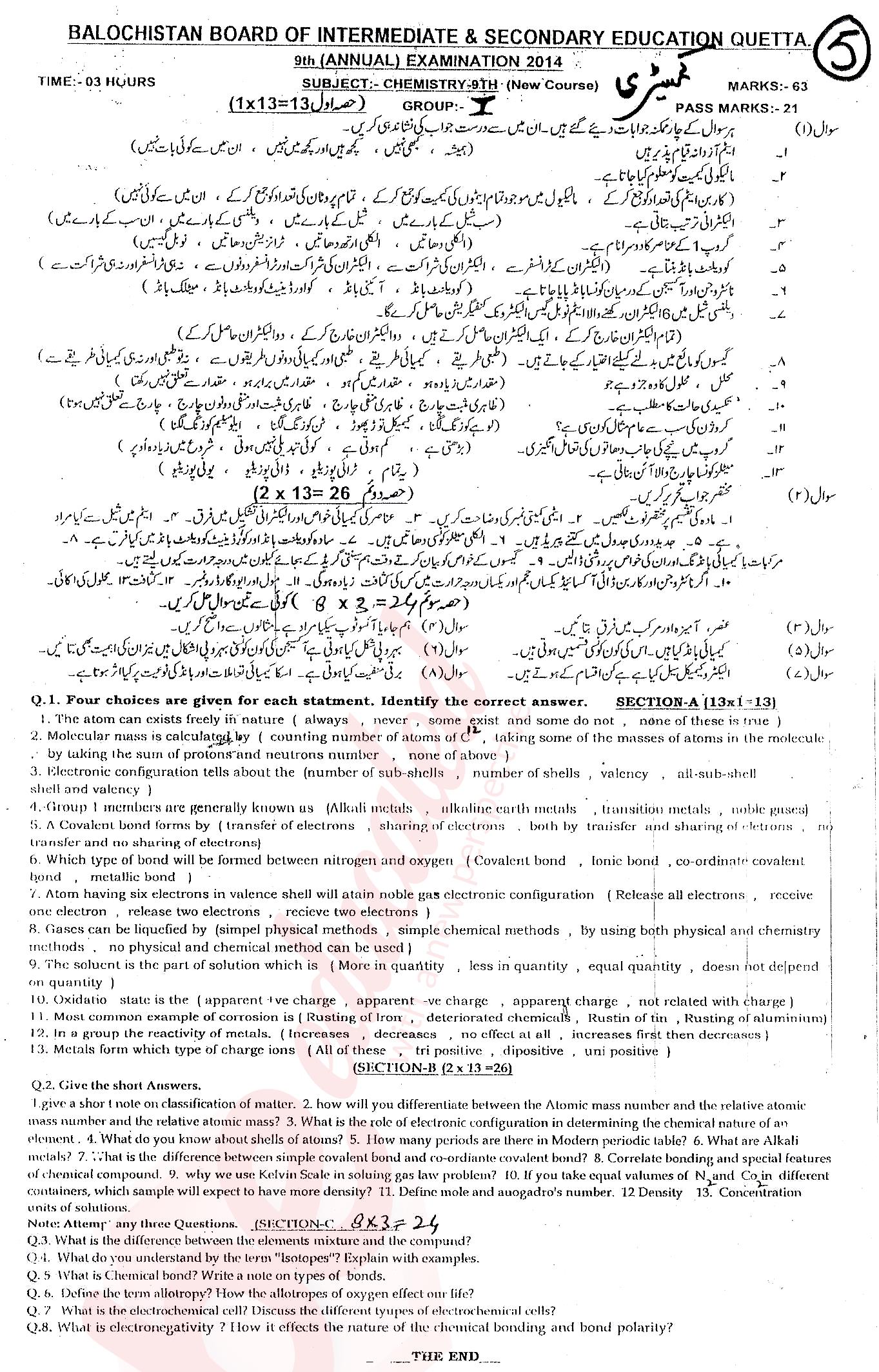 Chemistry 9th class Past Paper Group 1 BISE Quetta 2014