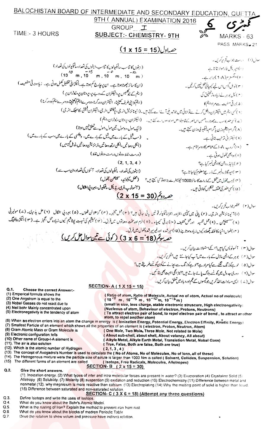 Chemistry 9th class Past Paper Group 1 BISE Quetta 2016