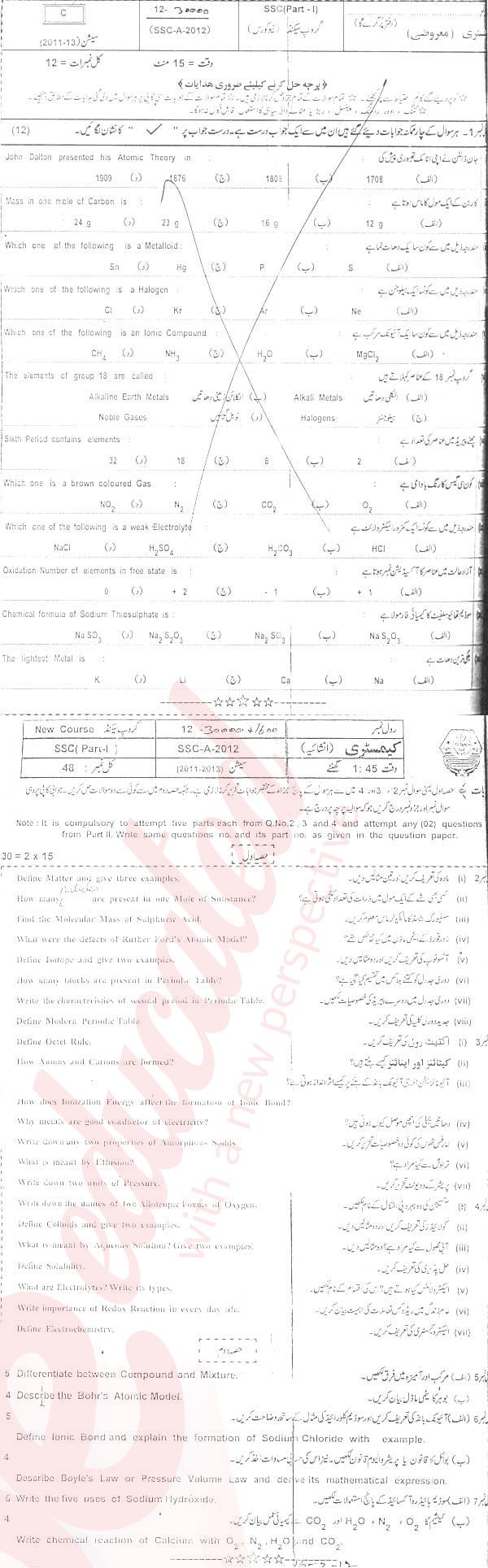 Chemistry 9th class Past Paper Group 2 BISE Bahawalpur 2012