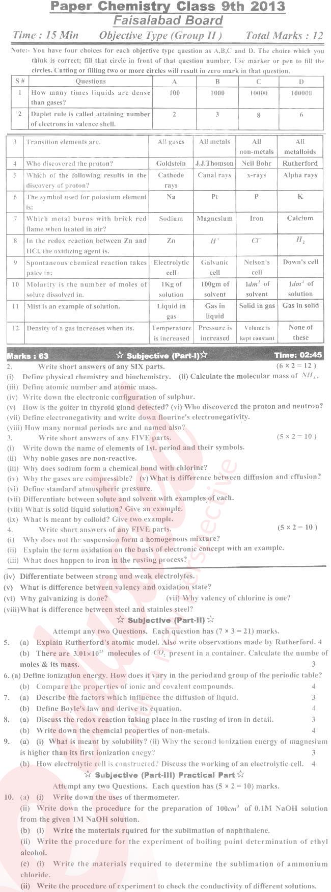 Chemistry 9th class Past Paper Group 2 BISE Faisalabad 2013