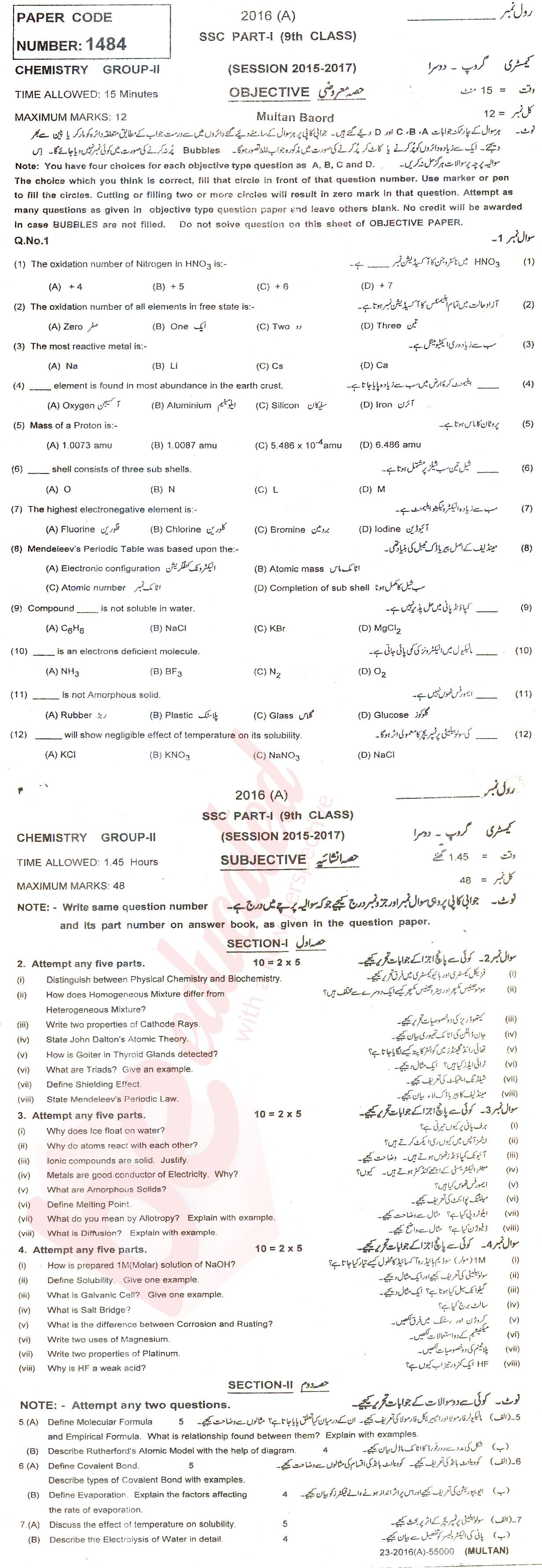 Chemistry 9th class Past Paper Group 2 BISE Multan 2016