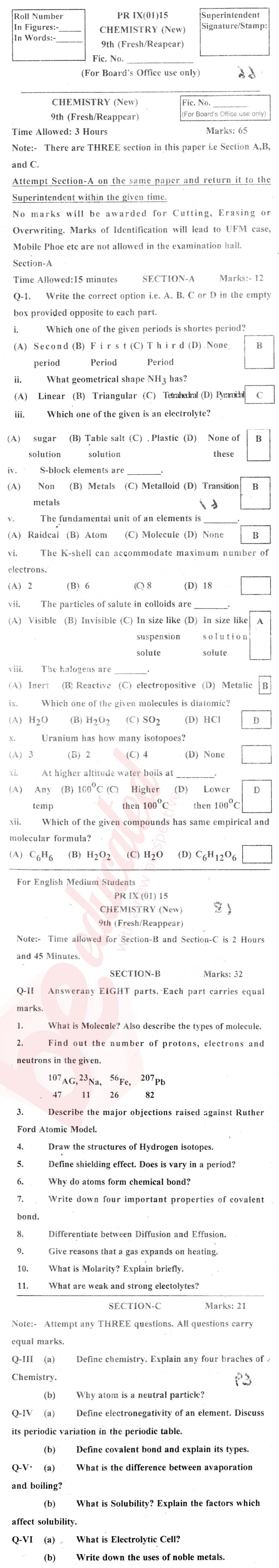 Chemistry 9th English Medium Past Paper Group 1 BISE DI Khan 2015