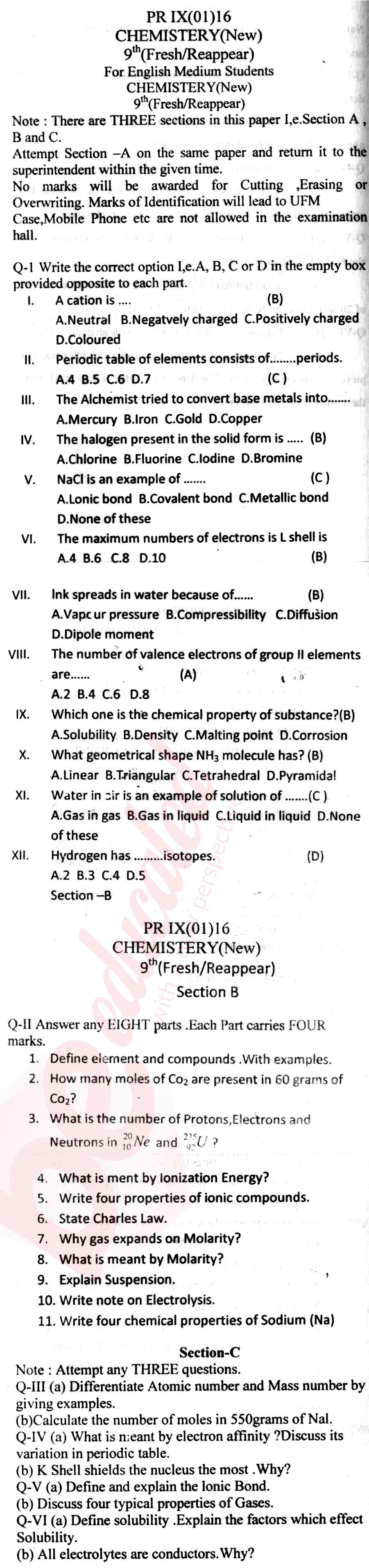 Chemistry 9th English Medium Past Paper Group 1 BISE DI Khan 2016