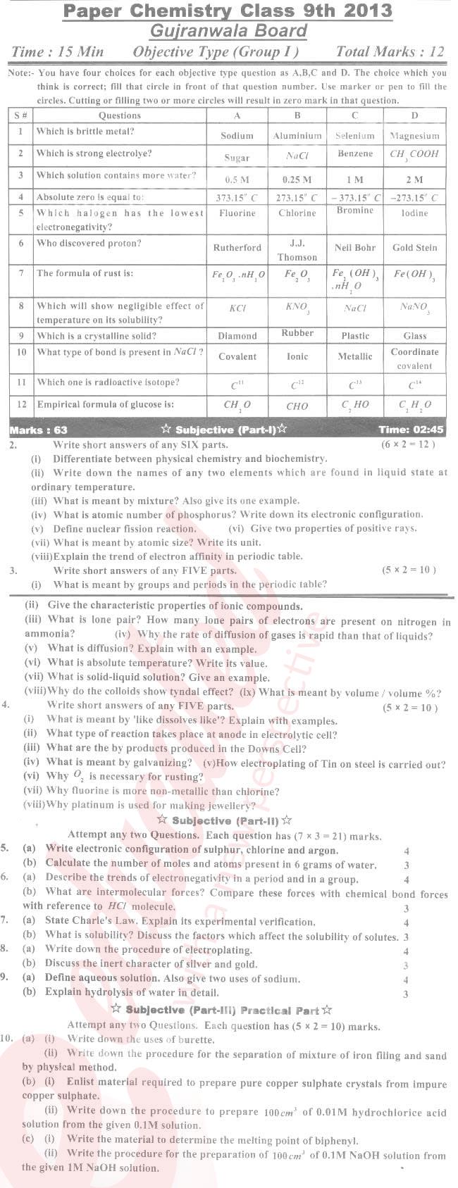 Chemistry 9th English Medium Past Paper Group 1 BISE Gujranwala 2013