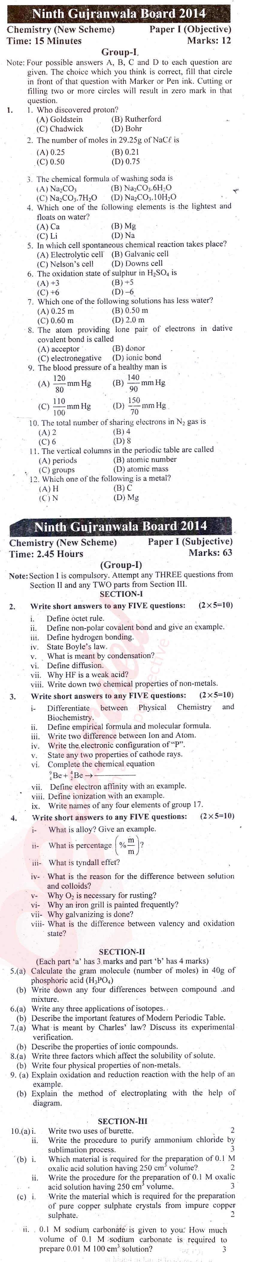 Chemistry 9th English Medium Past Paper Group 1 BISE Gujranwala 2014