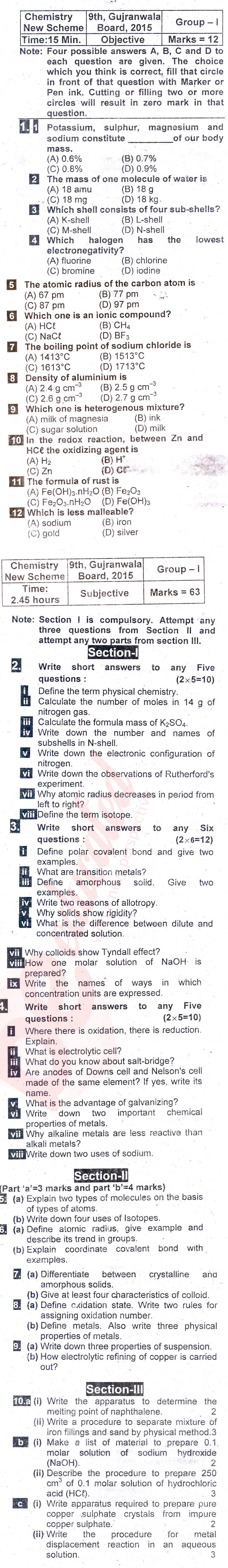 Chemistry 9th English Medium Past Paper Group 1 BISE Gujranwala 2015