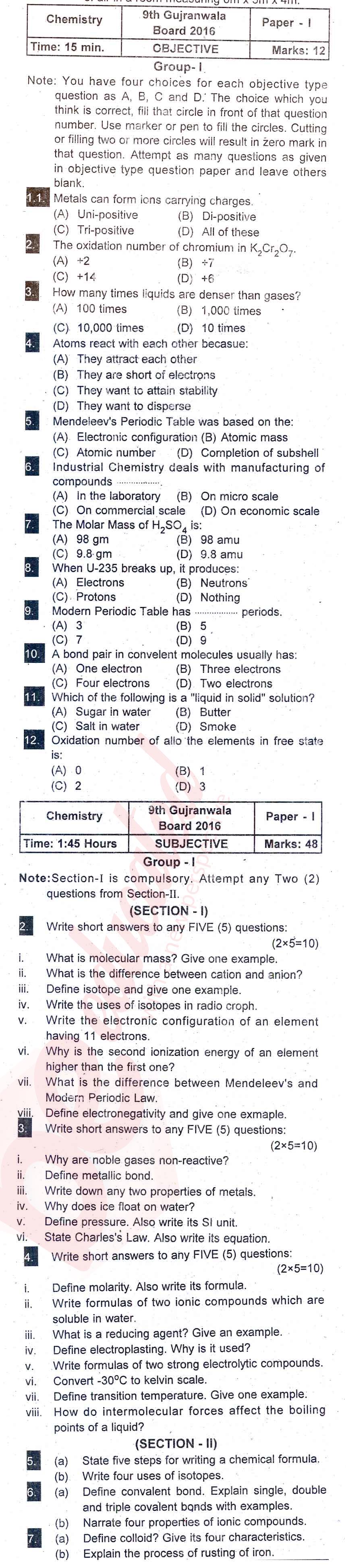 Chemistry 9th English Medium Past Paper Group 1 BISE Gujranwala 2016