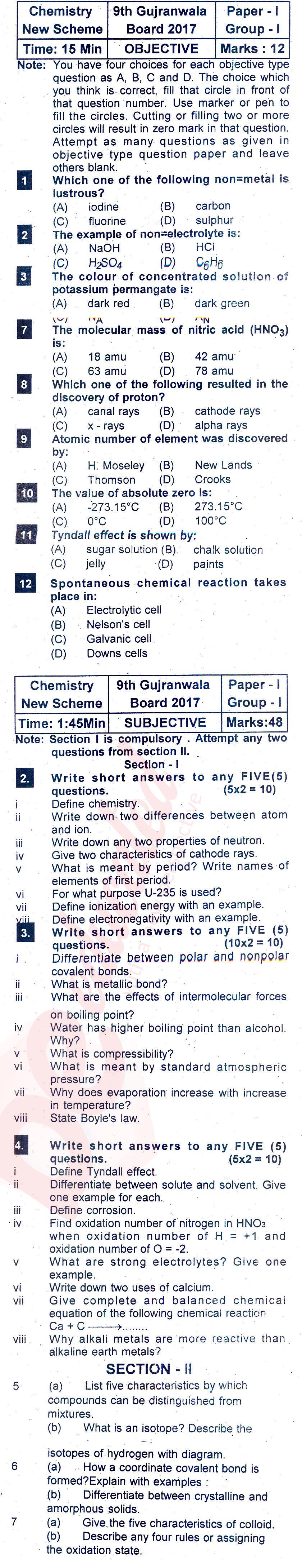 Chemistry 9th English Medium Past Paper Group 1 BISE Gujranwala 2017