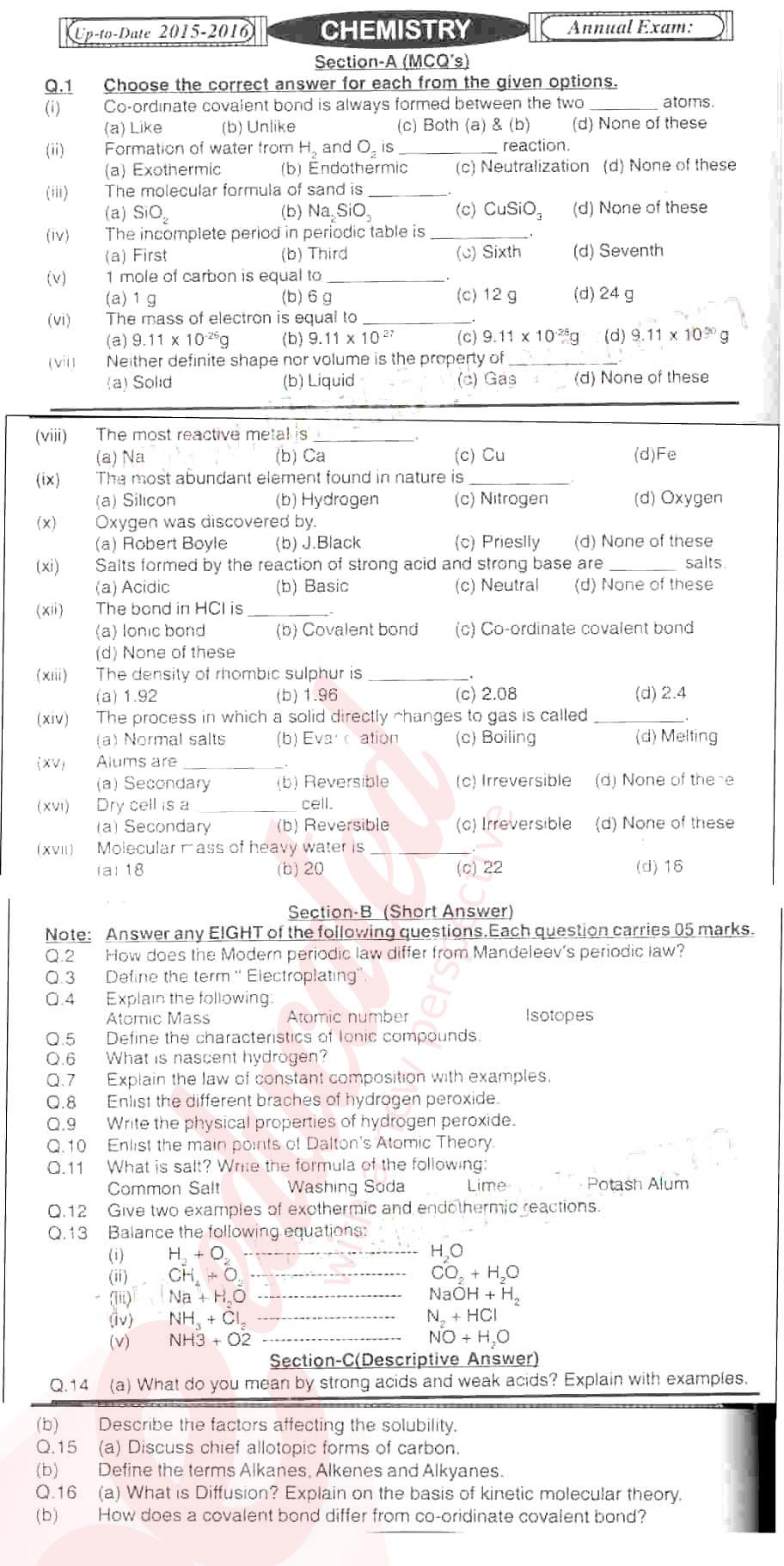 Chemistry 9th English Medium Past Paper Group 1 BISE Hyderabad 2015