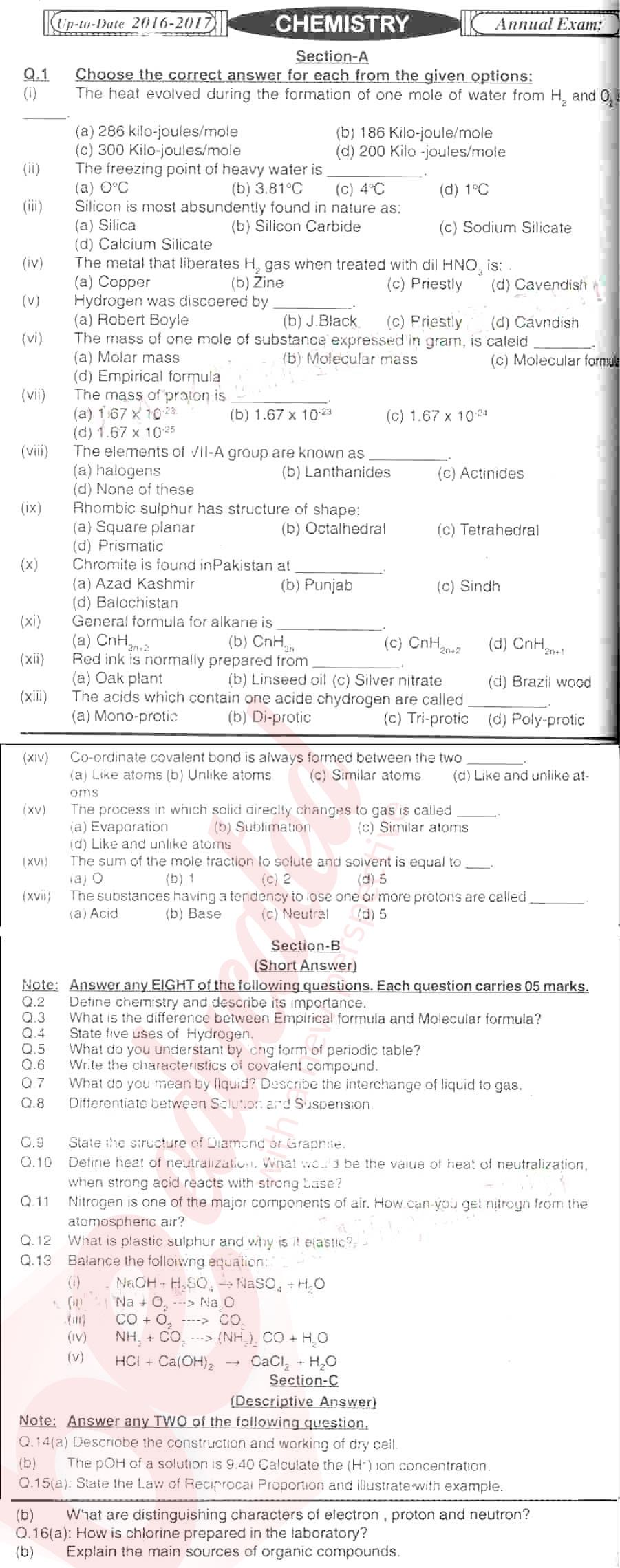 Chemistry 9th English Medium Past Paper Group 1 BISE Hyderabad 2016