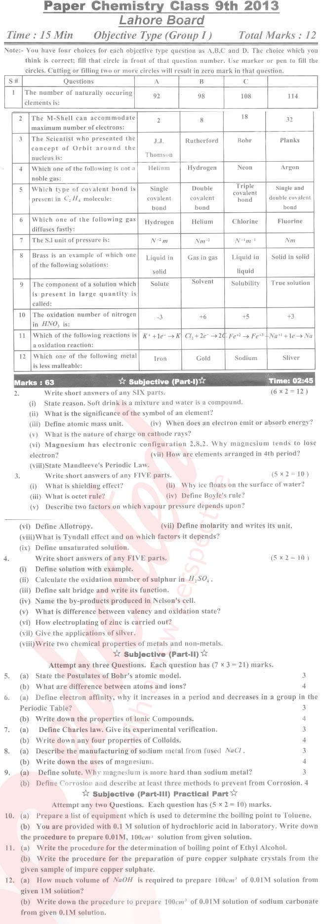 Chemistry 9th English Medium Past Paper Group 1 BISE Lahore 2013