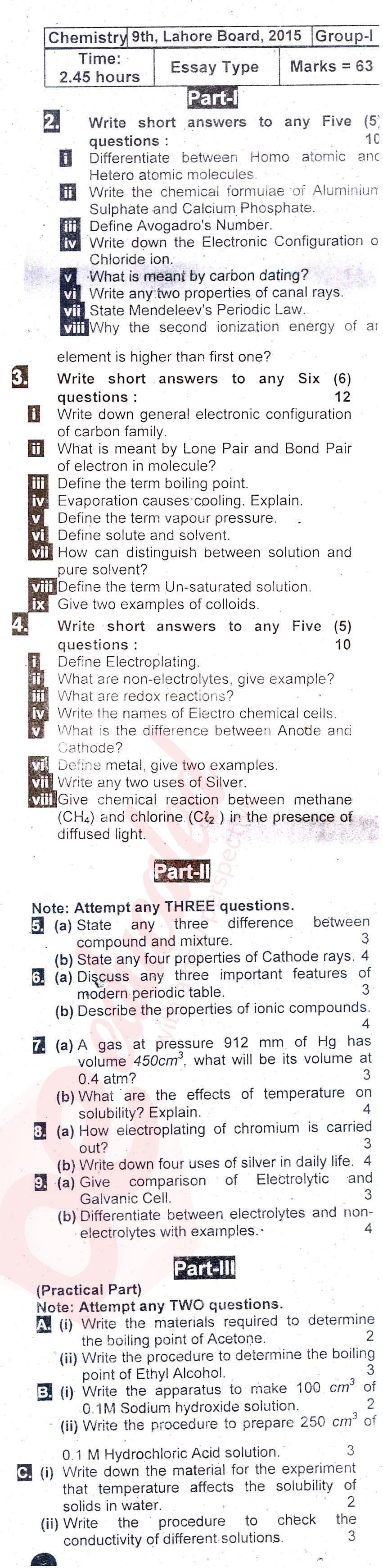 Chemistry 9th English Medium Past Paper Group 1 BISE Lahore 2015