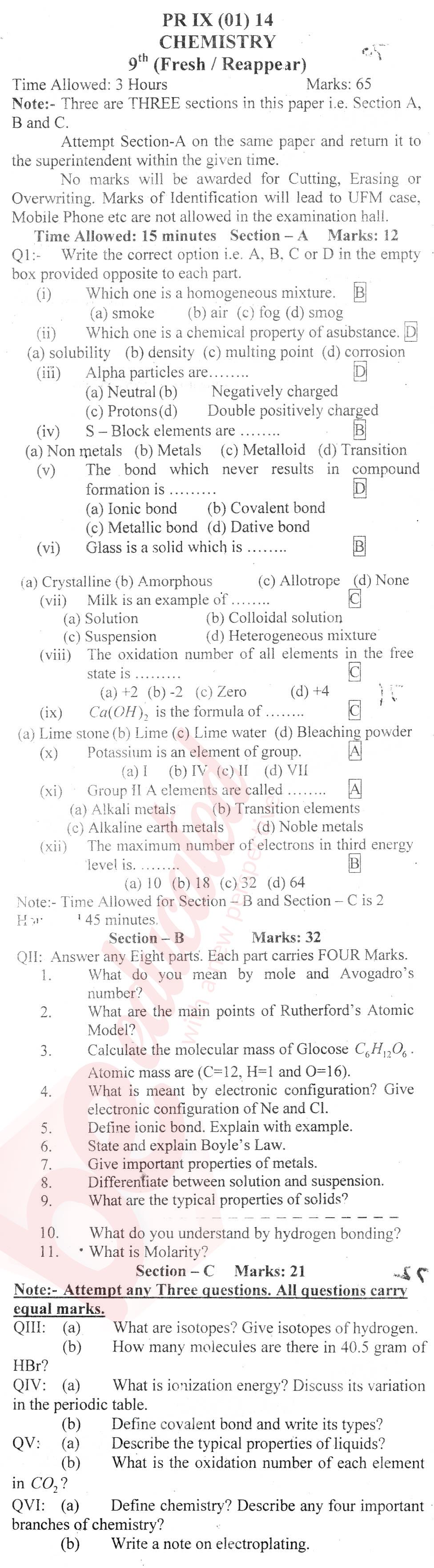 Chemistry 9th English Medium Past Paper Group 1 BISE Malakand 2014