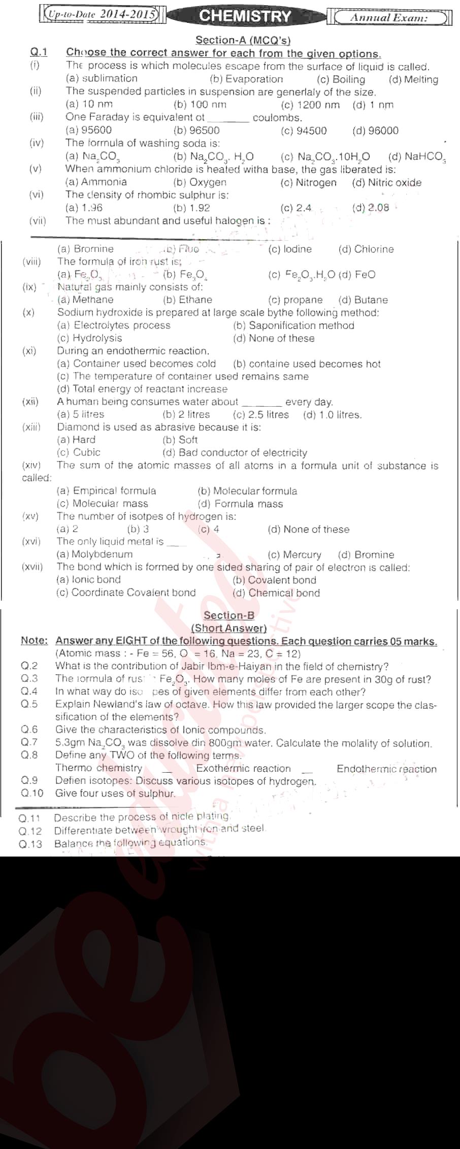 Chemistry 9th English Medium Past Paper Group 1 BISE Mirpurkhas 2014