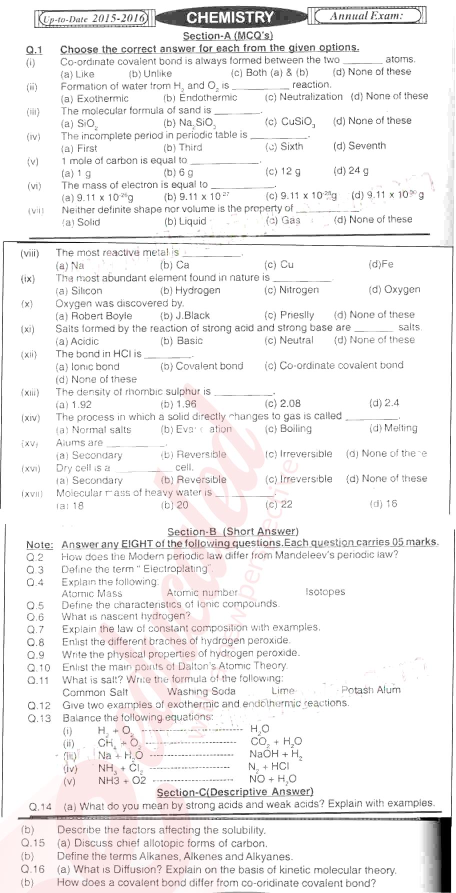 Chemistry 9th English Medium Past Paper Group 1 BISE Mirpurkhas 2015