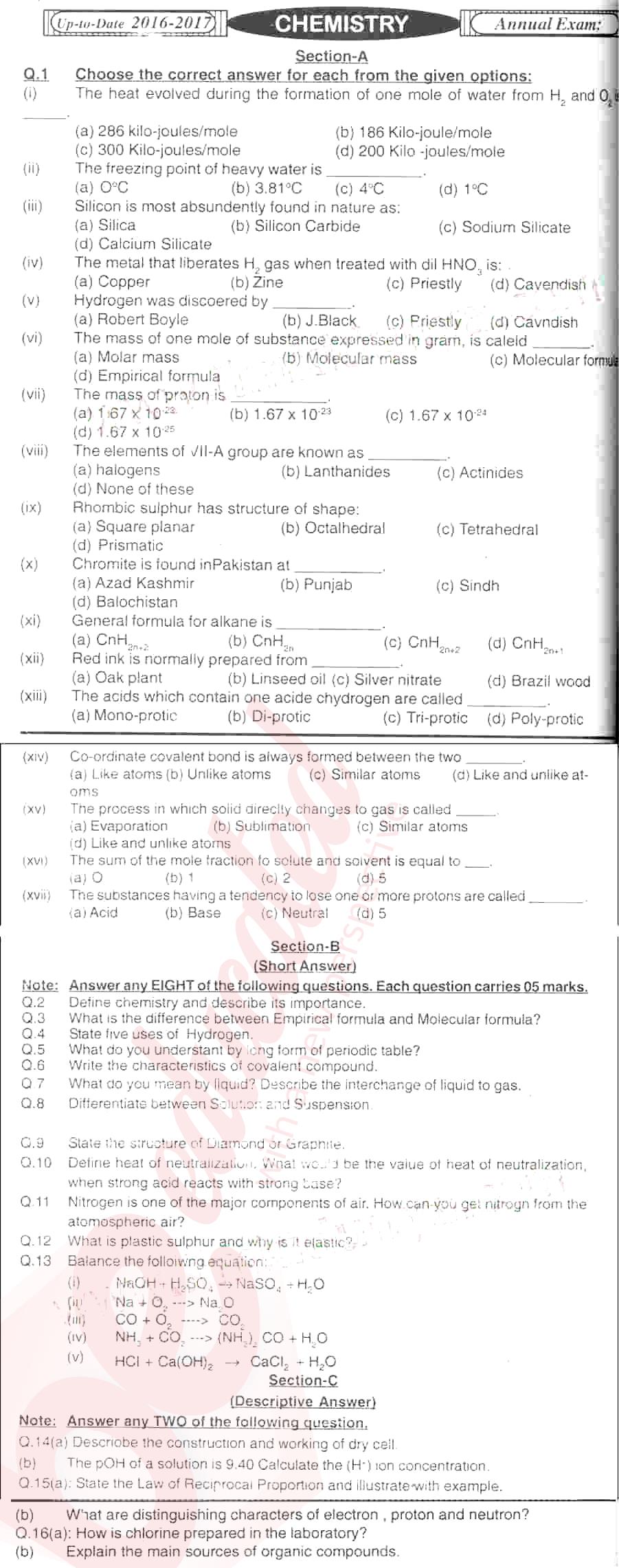 Chemistry 9th English Medium Past Paper Group 1 BISE Mirpurkhas 2016