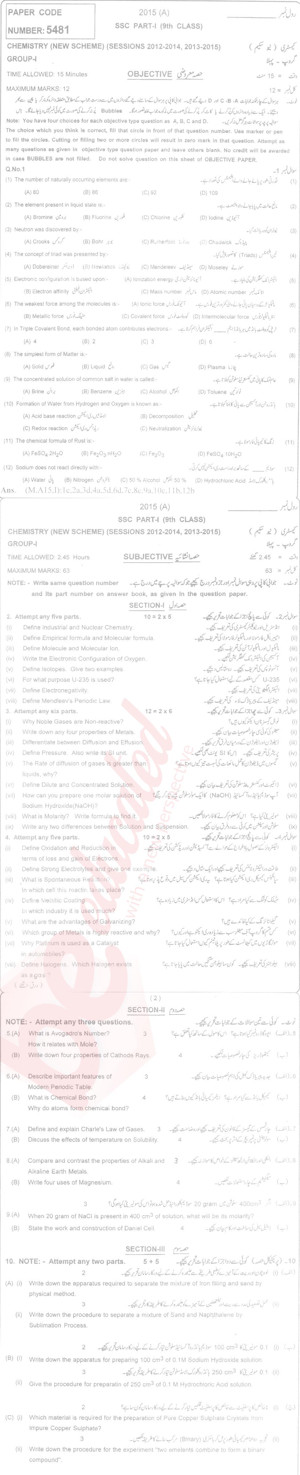 Chemistry 9th English Medium Past Paper Group 1 BISE Multan 2015