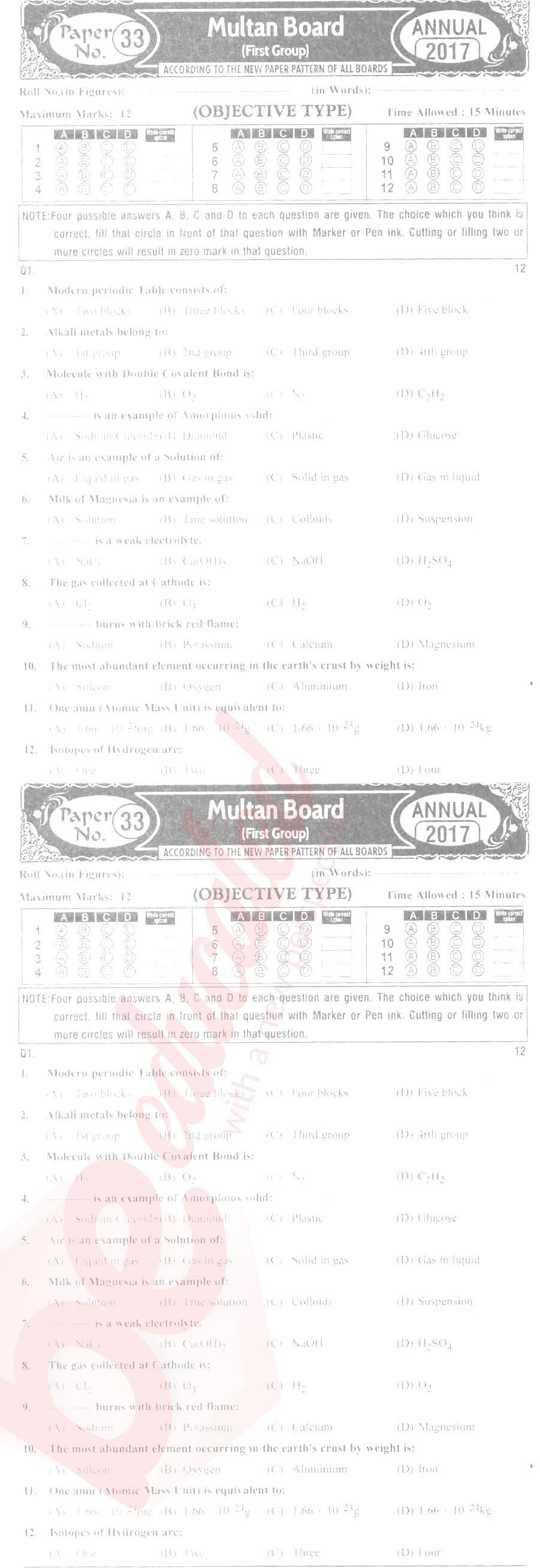Chemistry 9th English Medium Past Paper Group 1 BISE Multan 2017