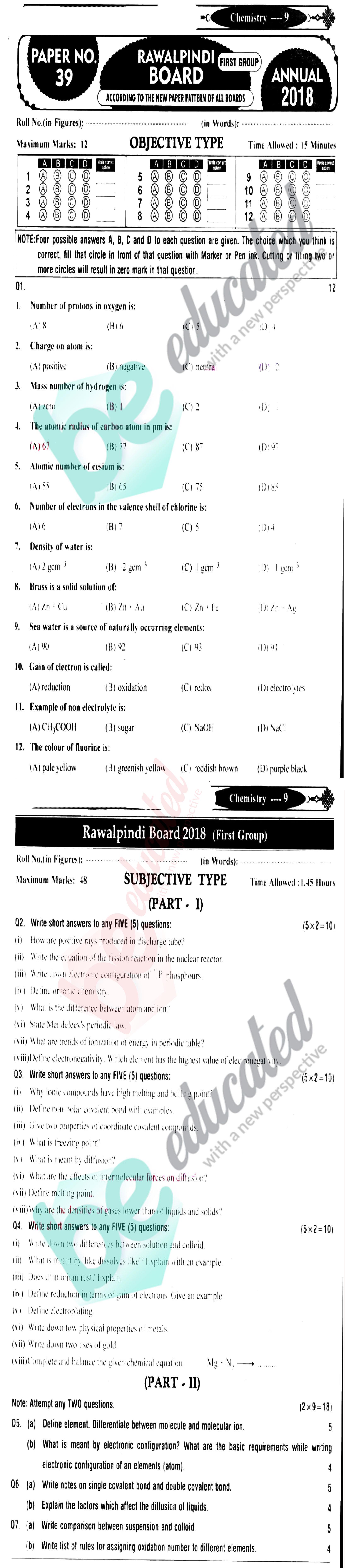 Chemistry 9th English Medium Past Paper Group 1 BISE Rawalpindi 2018
