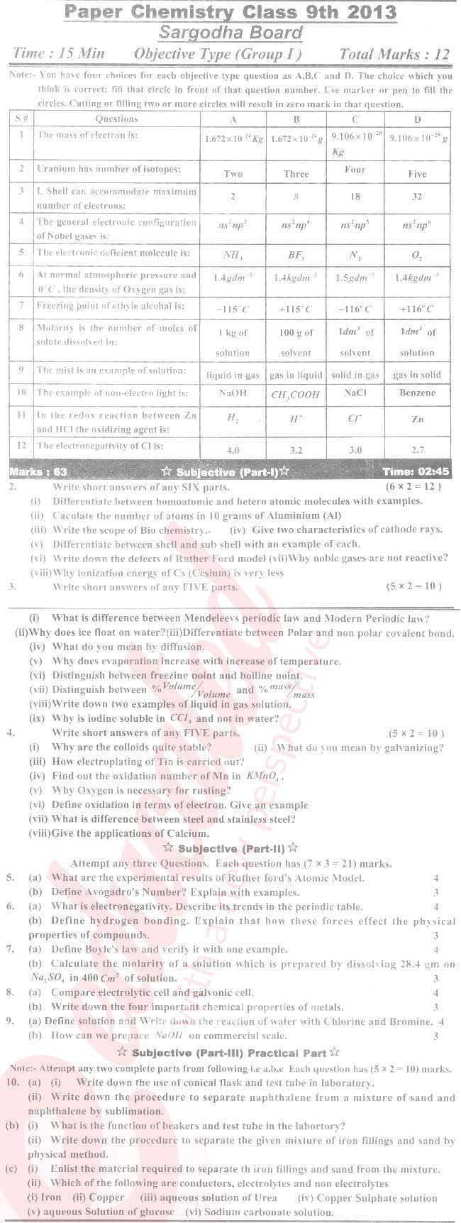 Chemistry 9th English Medium Past Paper Group 1 BISE Sargodha 2013