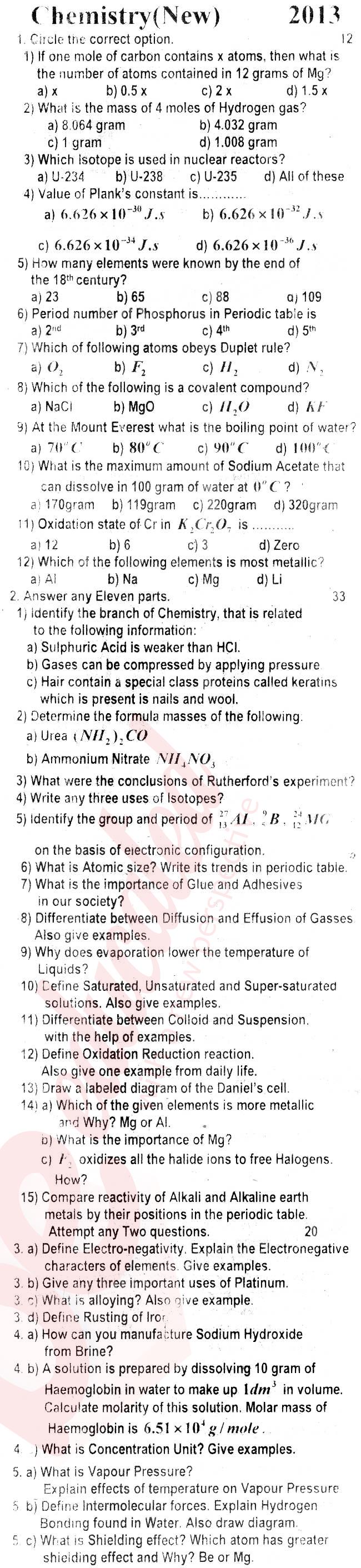 Chemistry 9th English Medium Past Paper Group 1 Federal BISE  2013