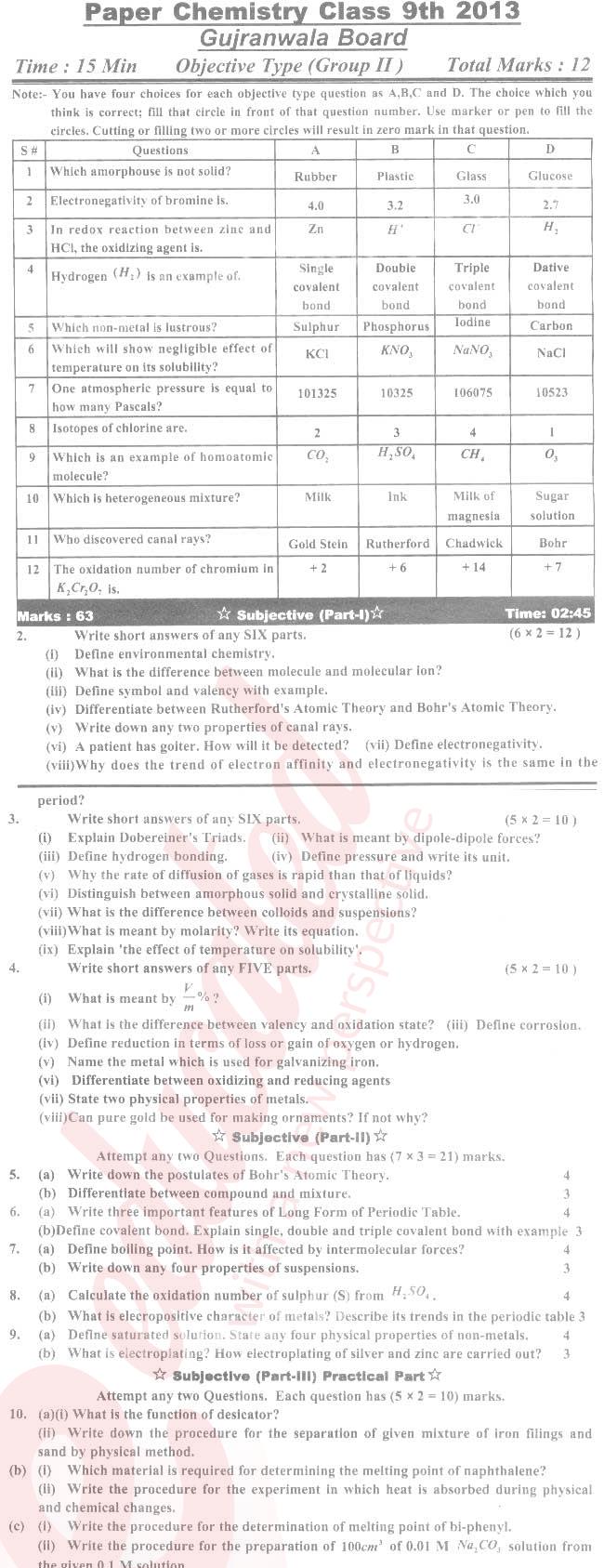 Chemistry 9th English Medium Past Paper Group 2 BISE Gujranwala 2013