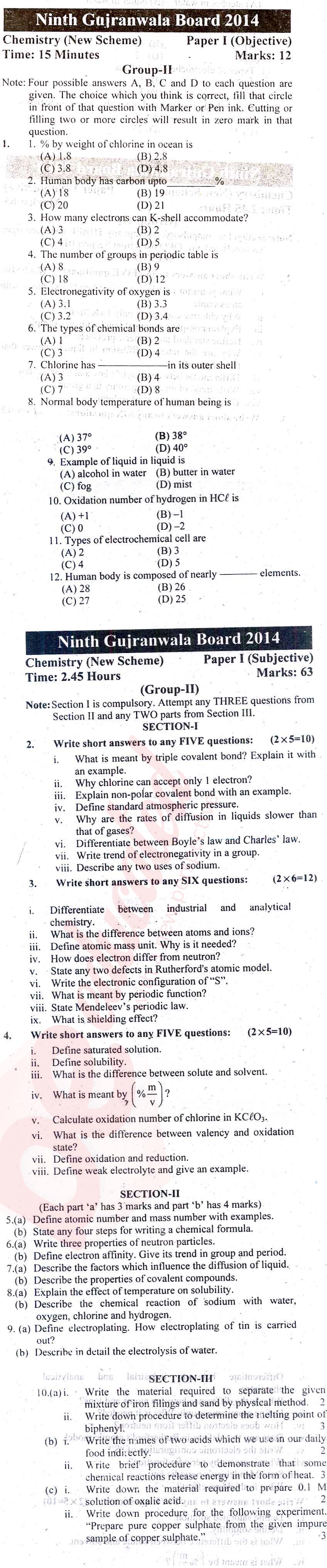 Chemistry 9th English Medium Past Paper Group 2 BISE Gujranwala 2014