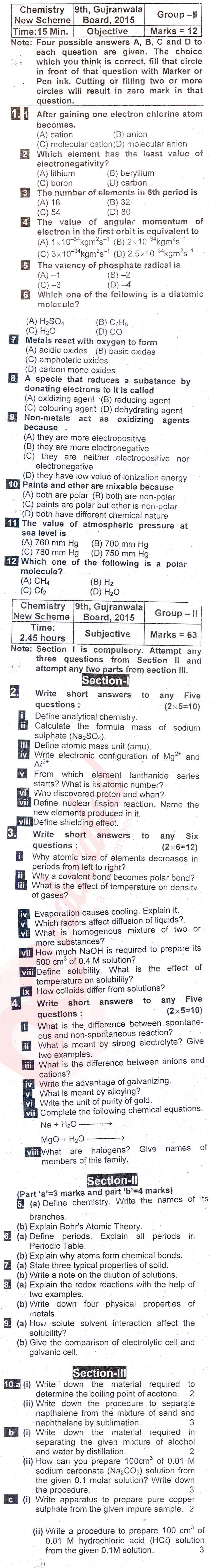 Chemistry 9th English Medium Past Paper Group 2 BISE Gujranwala 2015