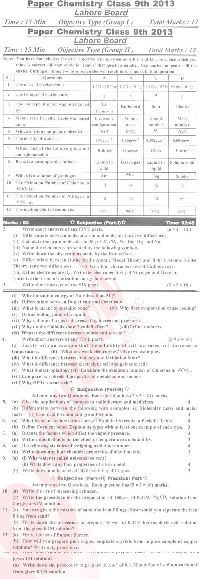 Chemistry 9th English Medium Past Paper Group 2 BISE Lahore 2013