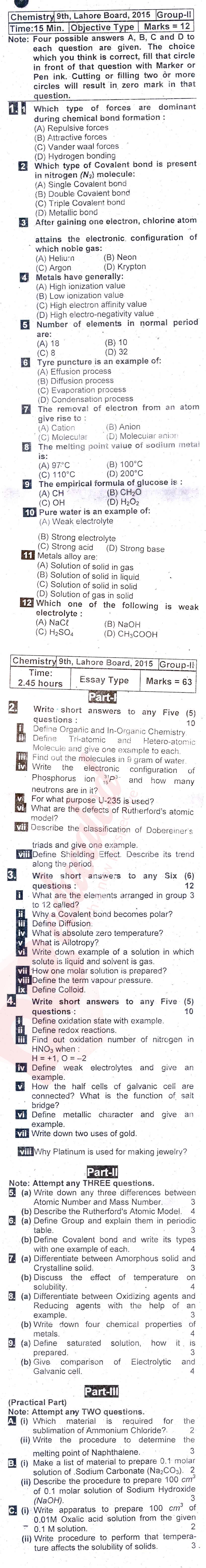 Chemistry 9th English Medium Past Paper Group 2 BISE Lahore 2015